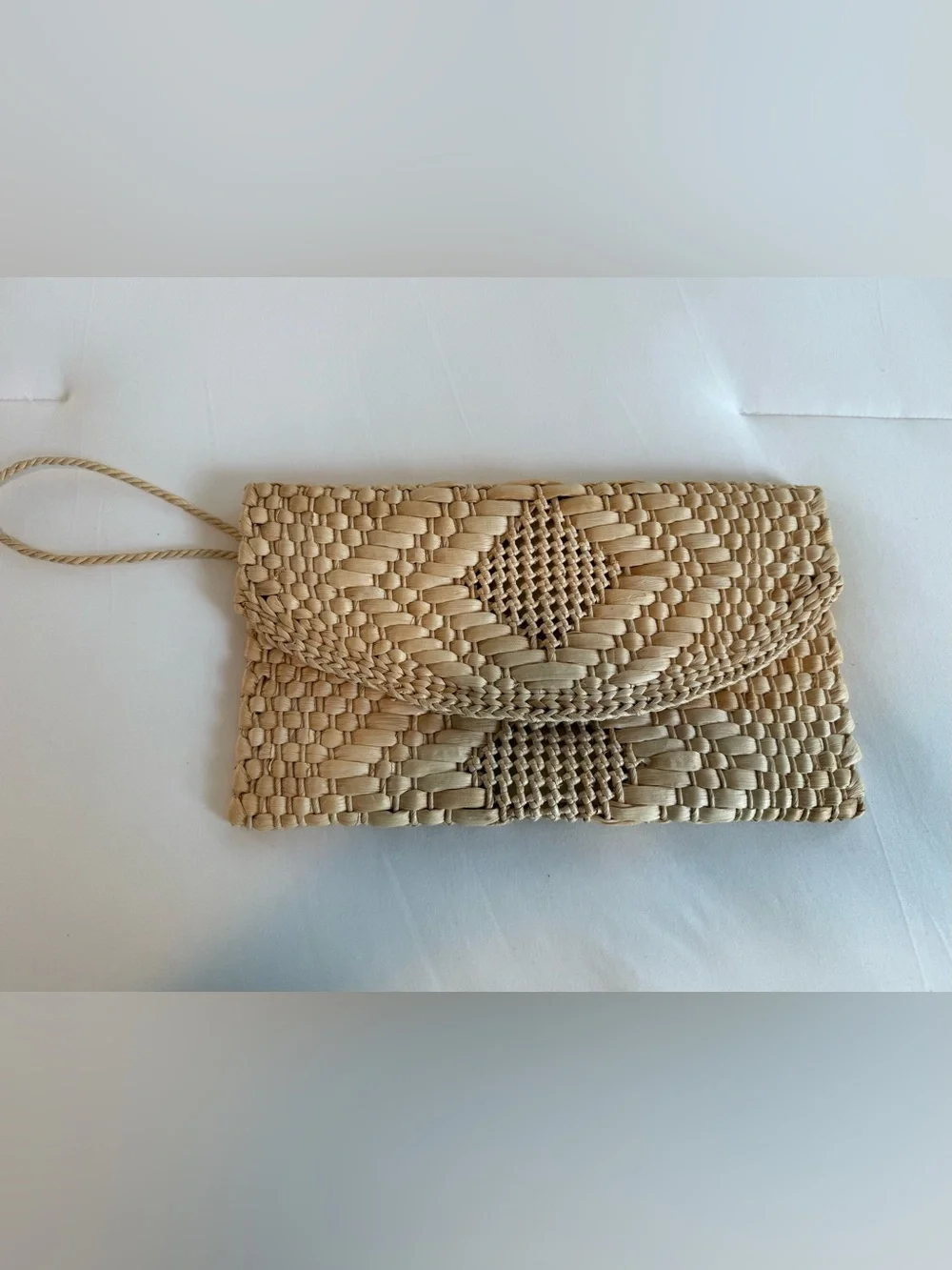Bohemian Handwoven Straw Envelope Clutch Bag Natural Tan Geometric Design